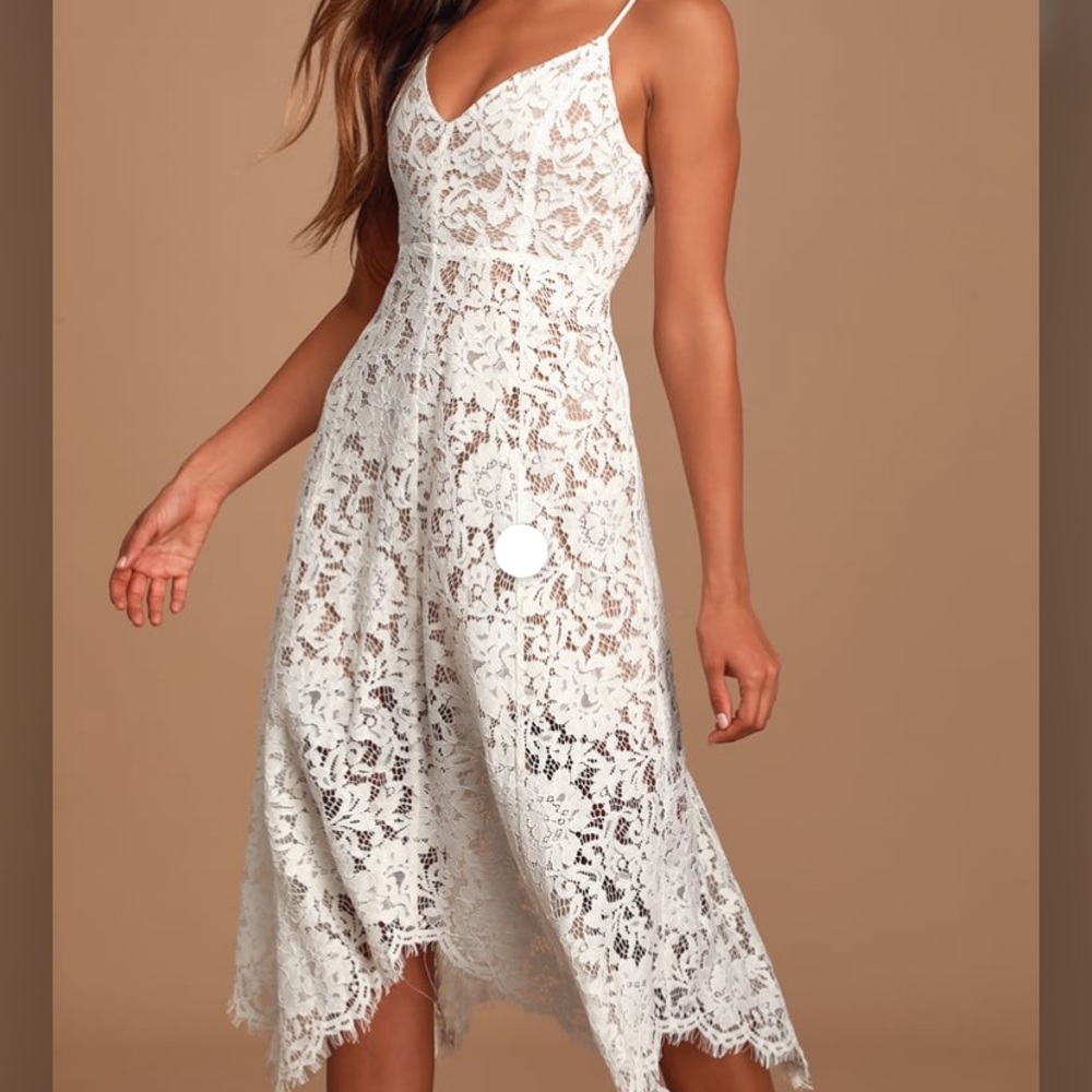 LuLus One Wish White Lace Midi Dress